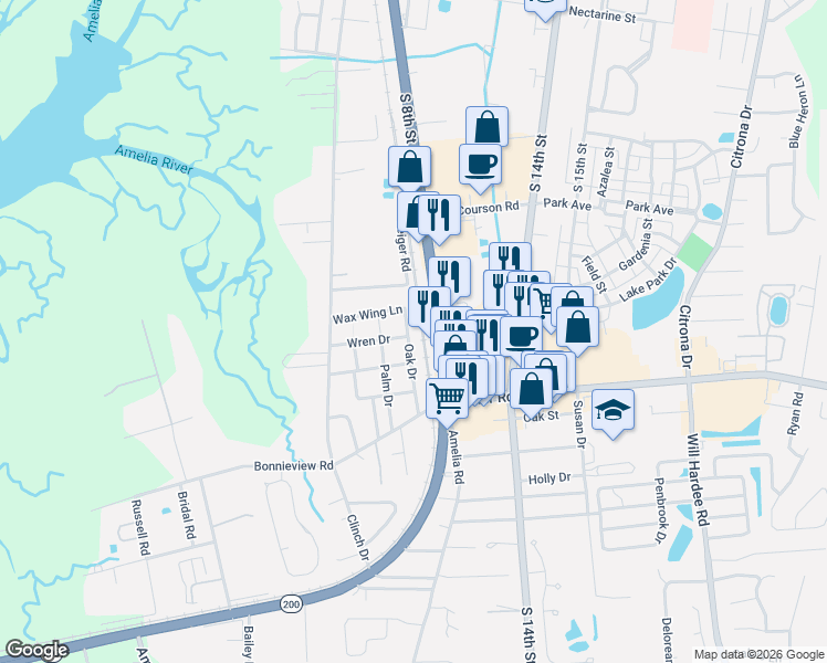 map of restaurants, bars, coffee shops, grocery stores, and more near 1893 South 8th Street in Fernandina Beach