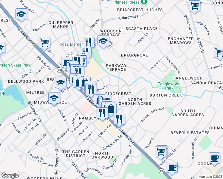 map of restaurants, bars, coffee shops, grocery stores, and more near 803 Meadow Lane in Bryan