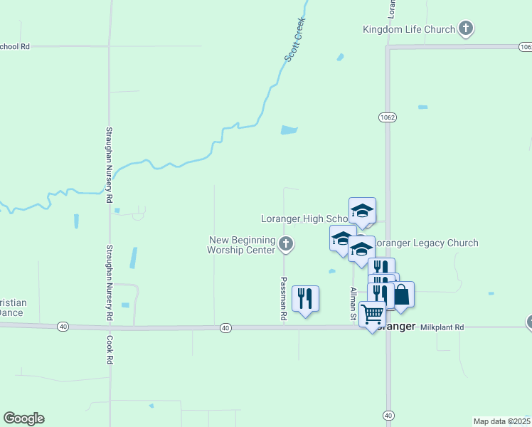 map of restaurants, bars, coffee shops, grocery stores, and more near 54225 Passman Road in Loranger