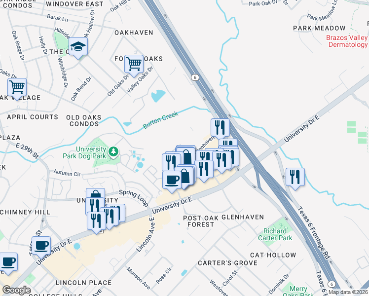 map of restaurants, bars, coffee shops, grocery stores, and more near 516 Forest Drive in College Station