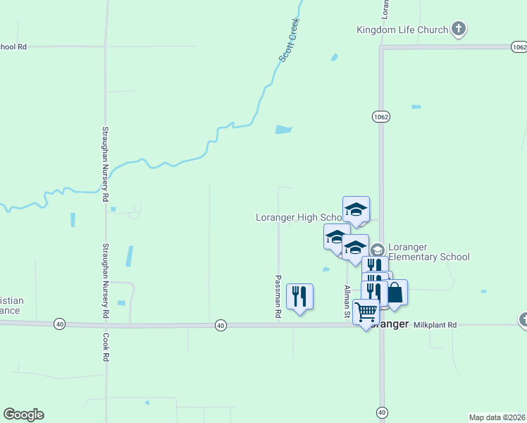 map of restaurants, bars, coffee shops, grocery stores, and more near 54225 Passman Road in Loranger