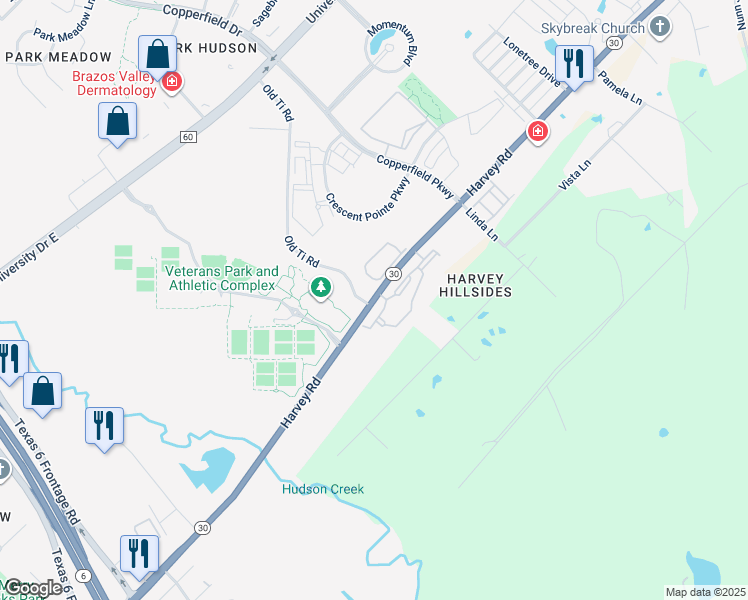 map of restaurants, bars, coffee shops, grocery stores, and more near 3621 Harvey Road in College Station