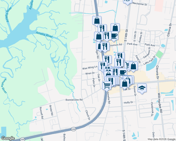 map of restaurants, bars, coffee shops, grocery stores, and more near 1888 Pine Drive in Fernandina Beach