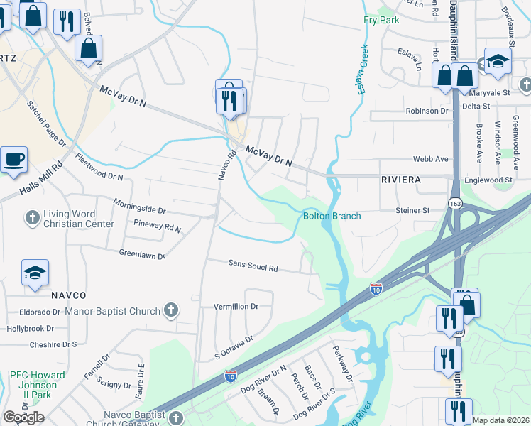 map of restaurants, bars, coffee shops, grocery stores, and more near 2400 White Street in Mobile