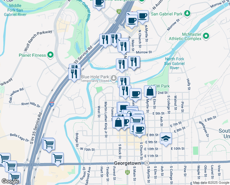 map of restaurants, bars, coffee shops, grocery stores, and more near 102 Scenic Drive in Georgetown