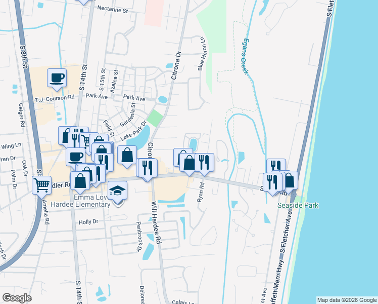 map of restaurants, bars, coffee shops, grocery stores, and more near 2142 White Sands Way in Fernandina Beach