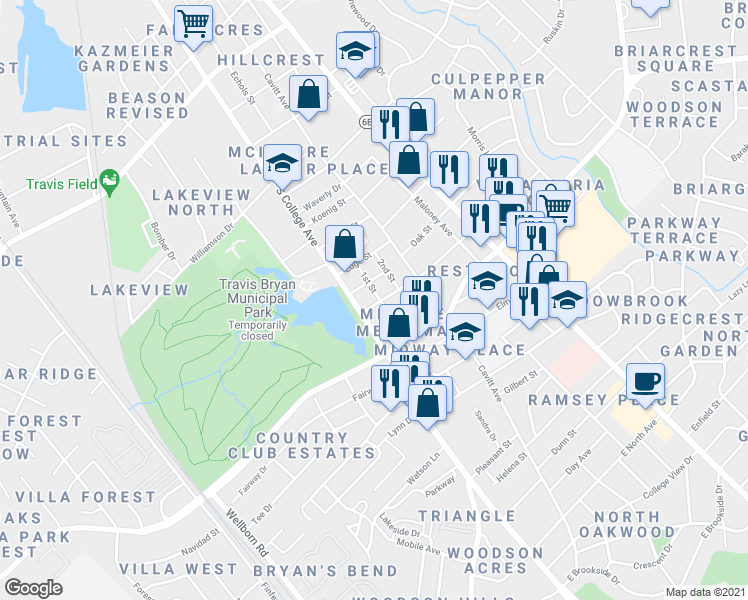 map of restaurants, bars, coffee shops, grocery stores, and more near 104 Dellwood Street in Bryan