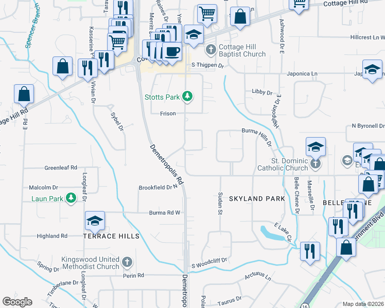 map of restaurants, bars, coffee shops, grocery stores, and more near 4957 South Ringold Drive in Mobile