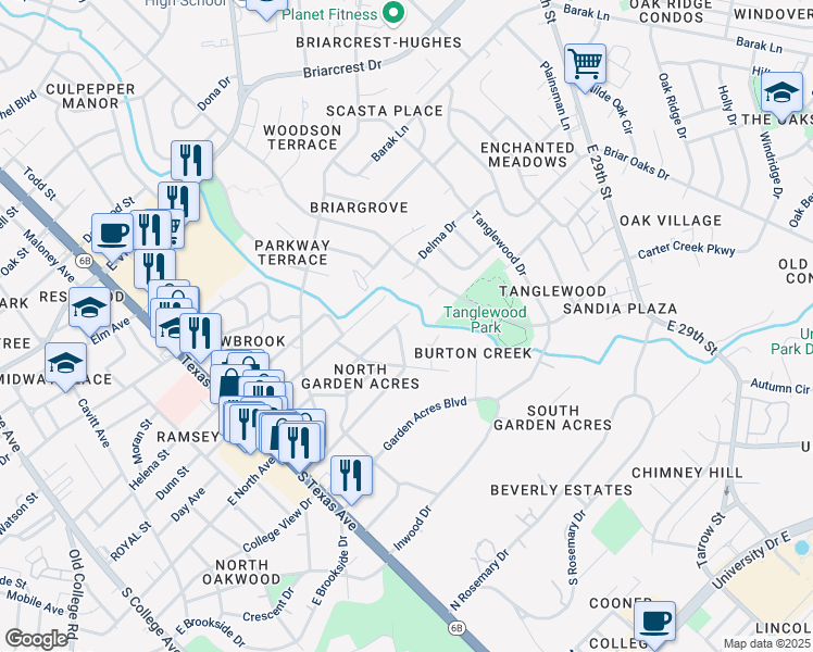 map of restaurants, bars, coffee shops, grocery stores, and more near 1114 Edgewood Drive in Bryan