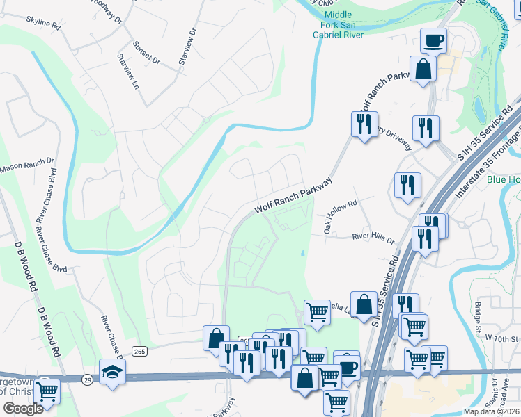 map of restaurants, bars, coffee shops, grocery stores, and more near 3716 Mercer Road in Georgetown