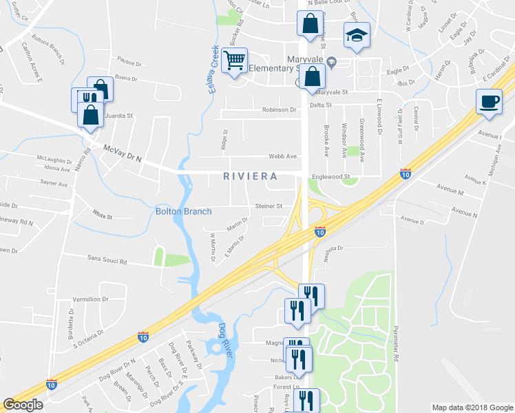 map of restaurants, bars, coffee shops, grocery stores, and more near 2113 Steiner Street in Mobile
