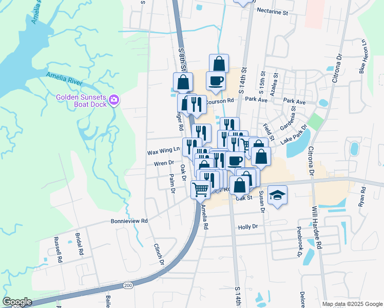 map of restaurants, bars, coffee shops, grocery stores, and more near 1893 South 8th Street in Fernandina Beach