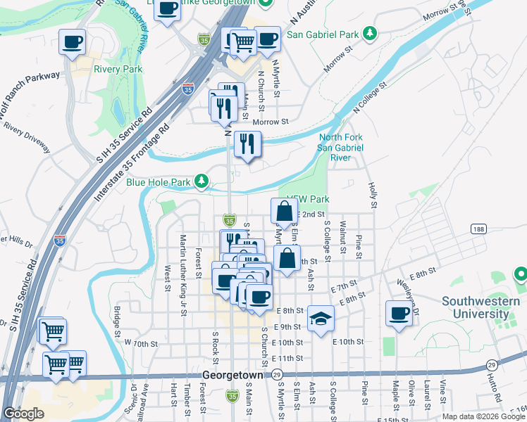 map of restaurants, bars, coffee shops, grocery stores, and more near 205 East 2nd Street in Georgetown