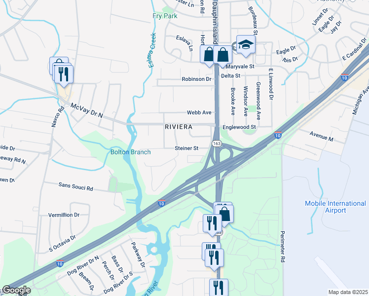 map of restaurants, bars, coffee shops, grocery stores, and more near 2111 Steiner Street in Mobile
