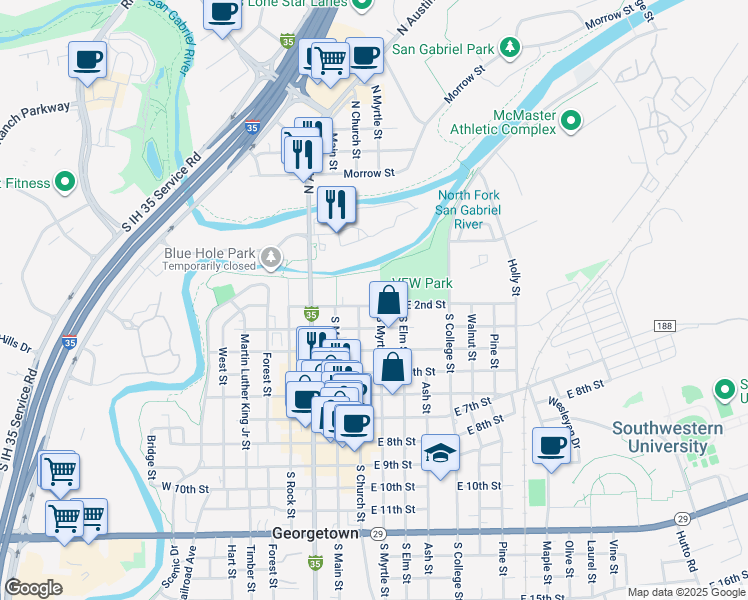 map of restaurants, bars, coffee shops, grocery stores, and more near 205 East 2nd Street in Georgetown