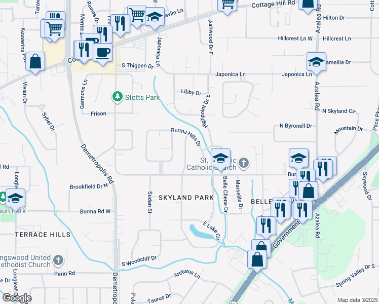 map of restaurants, bars, coffee shops, grocery stores, and more near 2312 Burma Hills Drive in Mobile