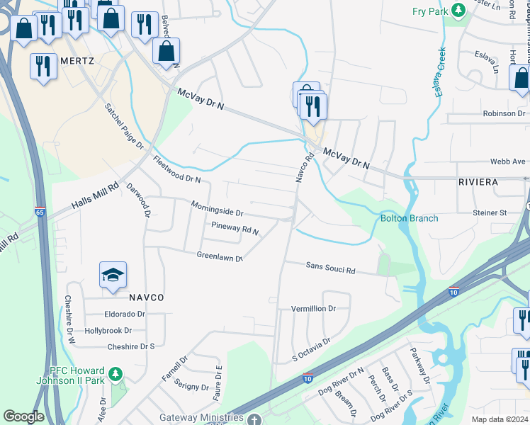 map of restaurants, bars, coffee shops, grocery stores, and more near 2466 Morningside Drive in Mobile