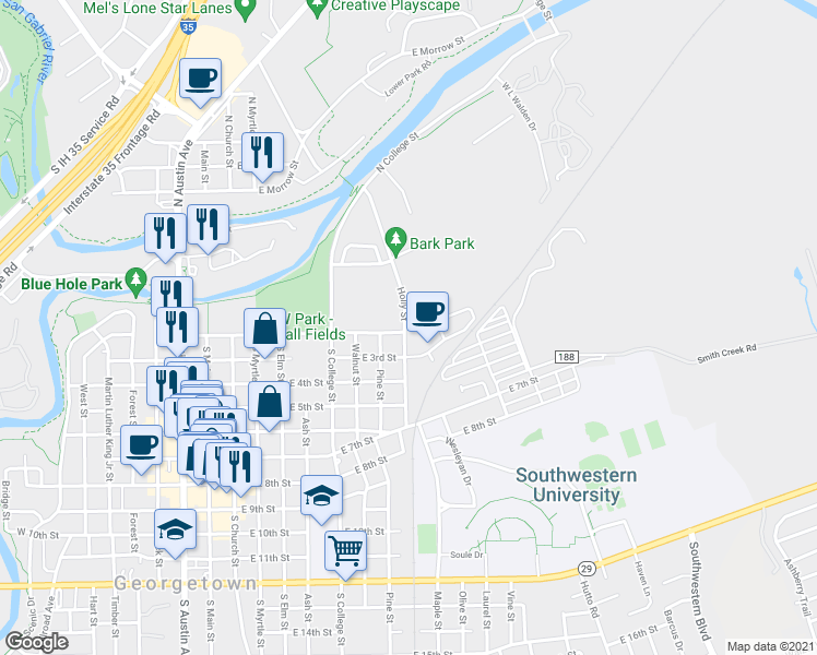 map of restaurants, bars, coffee shops, grocery stores, and more near 805 East 2nd Street in Georgetown