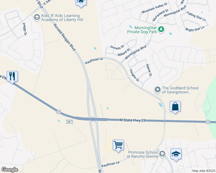 map of restaurants, bars, coffee shops, grocery stores, and more near Ronald Reagan Boulevard in Georgetown