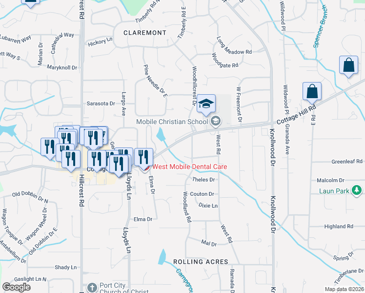 map of restaurants, bars, coffee shops, grocery stores, and more near 6009 Cottage Hill Road in Mobile