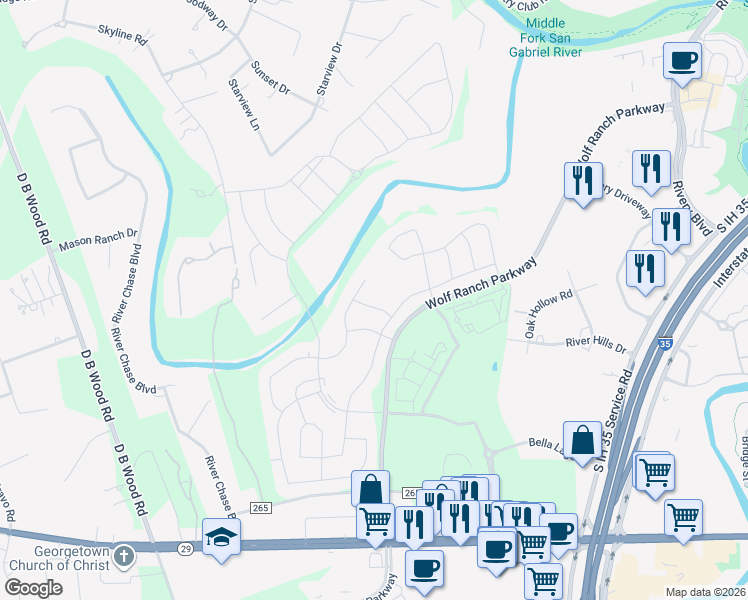 map of restaurants, bars, coffee shops, grocery stores, and more near 408 Canyon View Road in Georgetown