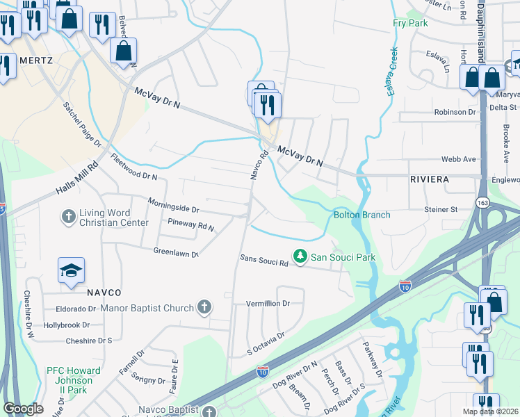 map of restaurants, bars, coffee shops, grocery stores, and more near 2419 White Street in Mobile