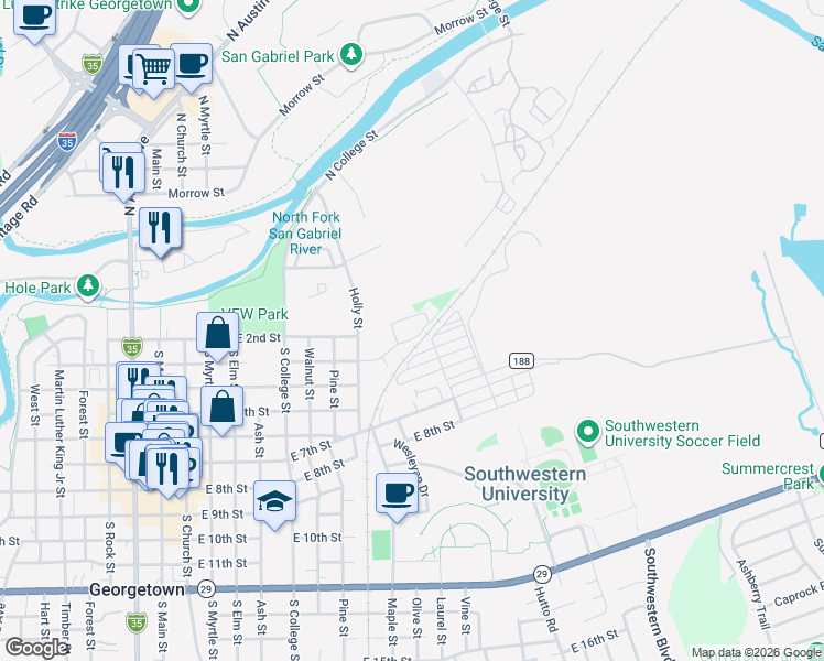 map of restaurants, bars, coffee shops, grocery stores, and more near 1109 East 3rd Street in Georgetown