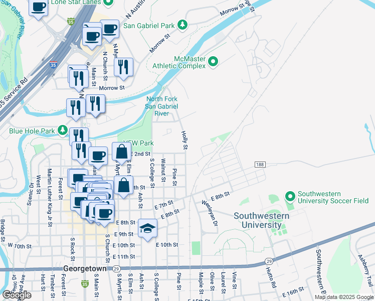 map of restaurants, bars, coffee shops, grocery stores, and more near 179 South Holly Street in Georgetown