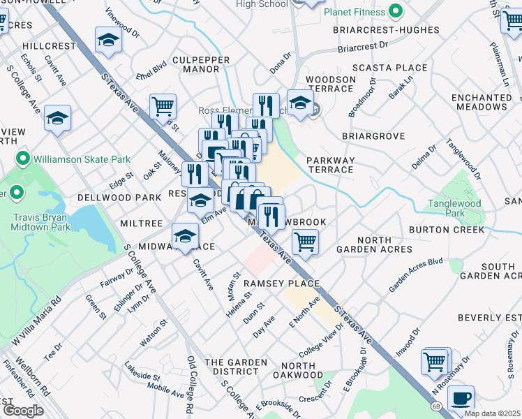map of restaurants, bars, coffee shops, grocery stores, and more near 719 Meadow Lane in Bryan