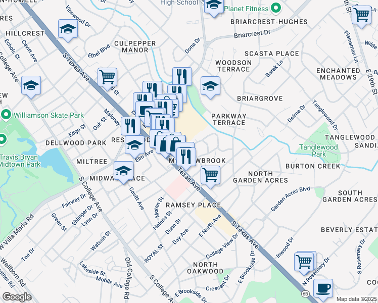 map of restaurants, bars, coffee shops, grocery stores, and more near 719 Meadow Lane in Bryan