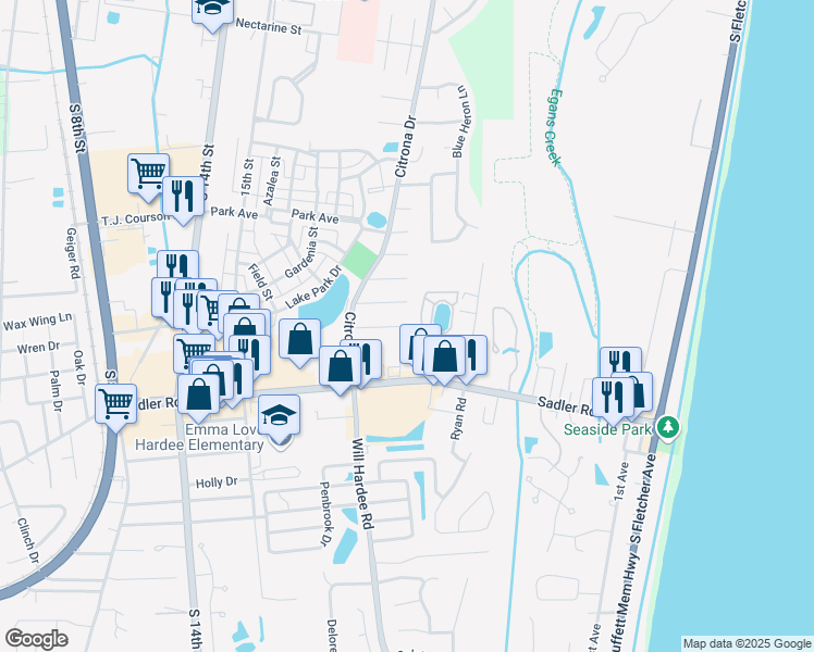 map of restaurants, bars, coffee shops, grocery stores, and more near 2185 Talbot Ct in Fernandina Beach