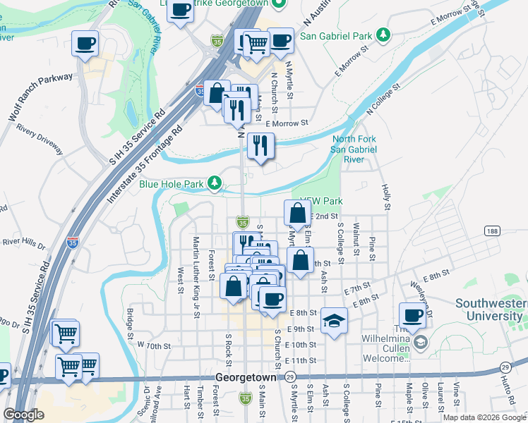 map of restaurants, bars, coffee shops, grocery stores, and more near 101 East 2nd Street in Georgetown