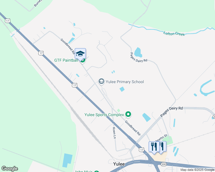 map of restaurants, bars, coffee shops, grocery stores, and more near 86426 Lewis Road in Yulee