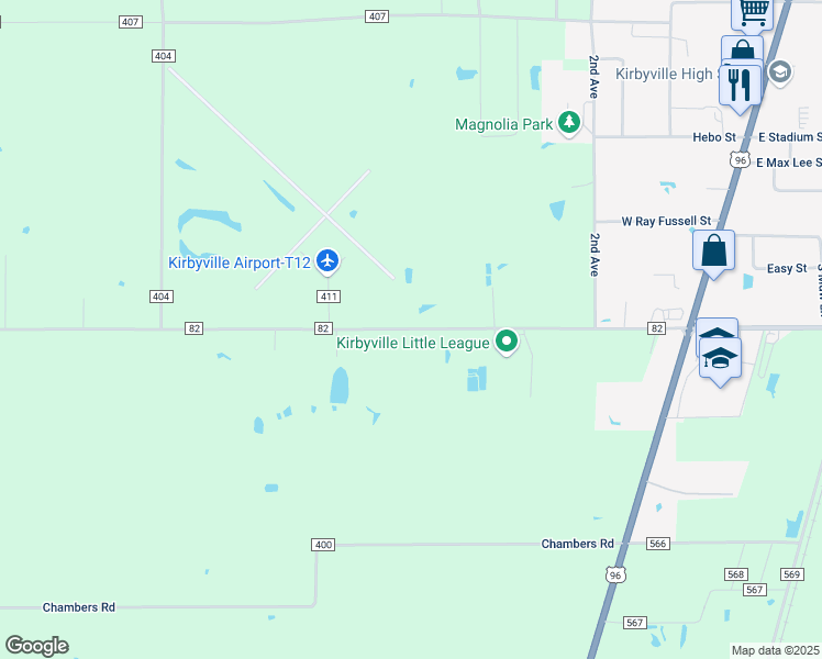 map of restaurants, bars, coffee shops, grocery stores, and more near Farm to Market 82 in Kirbyville