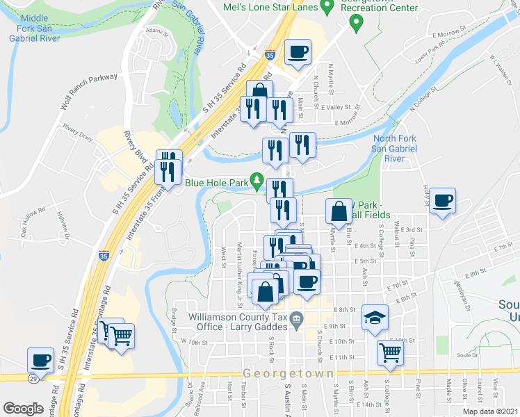 map of restaurants, bars, coffee shops, grocery stores, and more near 102 Scenic Drive in Georgetown
