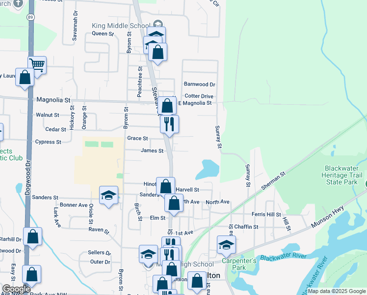 map of restaurants, bars, coffee shops, grocery stores, and more near 6126 East James Street in Milton