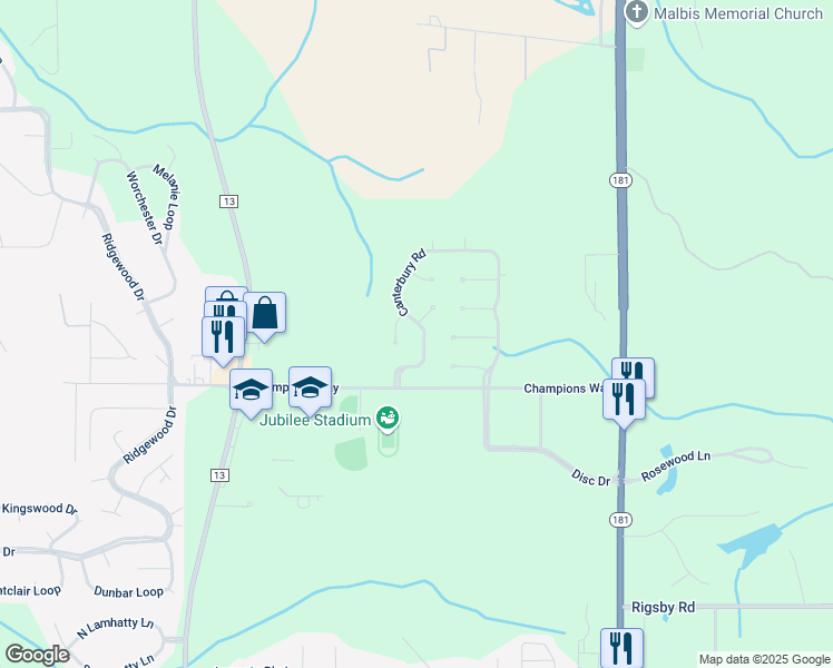 map of restaurants, bars, coffee shops, grocery stores, and more near 29173 Canterbury Road in Daphne