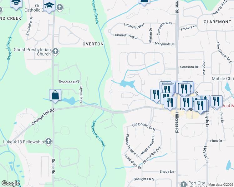 map of restaurants, bars, coffee shops, grocery stores, and more near 6700 Cottage Hill Road in Mobile
