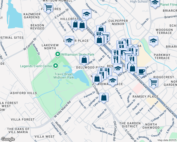 map of restaurants, bars, coffee shops, grocery stores, and more near 202 Dellwood Street in Bryan
