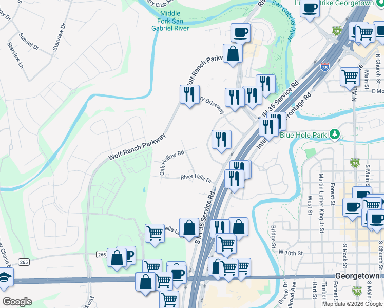 map of restaurants, bars, coffee shops, grocery stores, and more near 112 North Hillview Drive in Georgetown