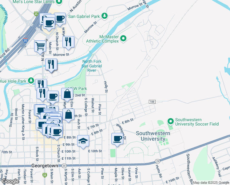 map of restaurants, bars, coffee shops, grocery stores, and more near 1404 East 3rd Street in Georgetown