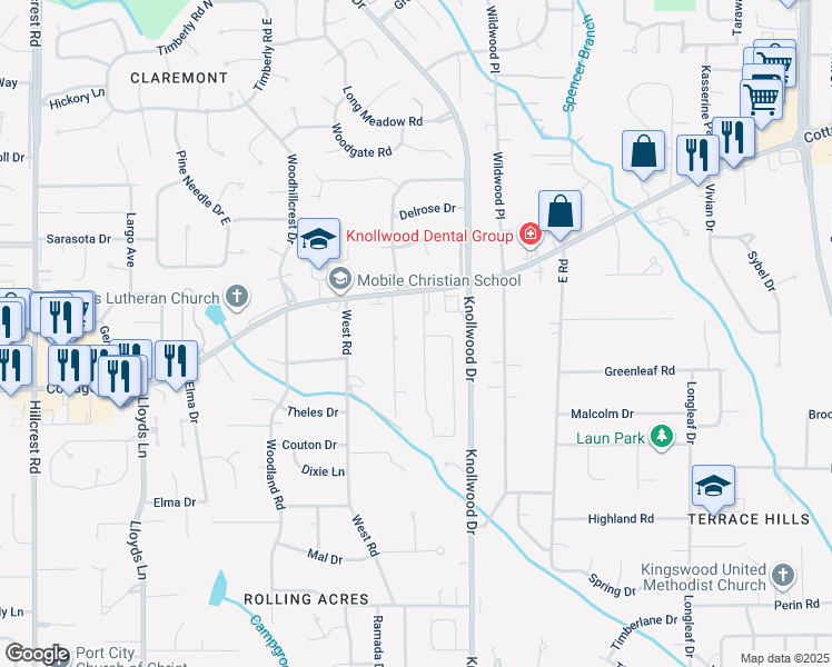 map of restaurants, bars, coffee shops, grocery stores, and more near 2316 Huffman Drive West in Mobile