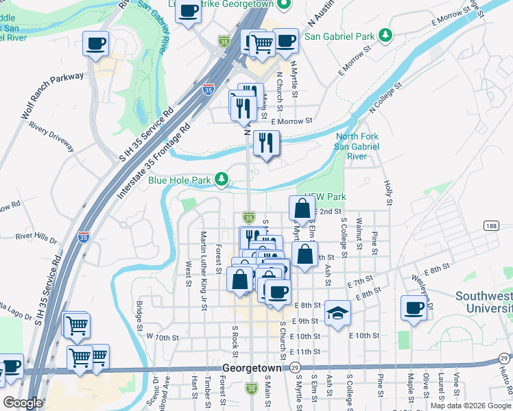 map of restaurants, bars, coffee shops, grocery stores, and more near 101 East 2nd Street in Georgetown