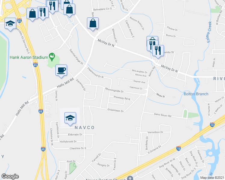 map of restaurants, bars, coffee shops, grocery stores, and more near 2517 Morningside Drive in Mobile