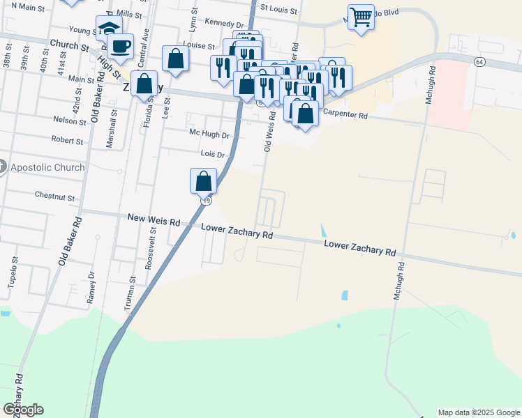 map of restaurants, bars, coffee shops, grocery stores, and more near 3835 Old Weis Road in Zachary