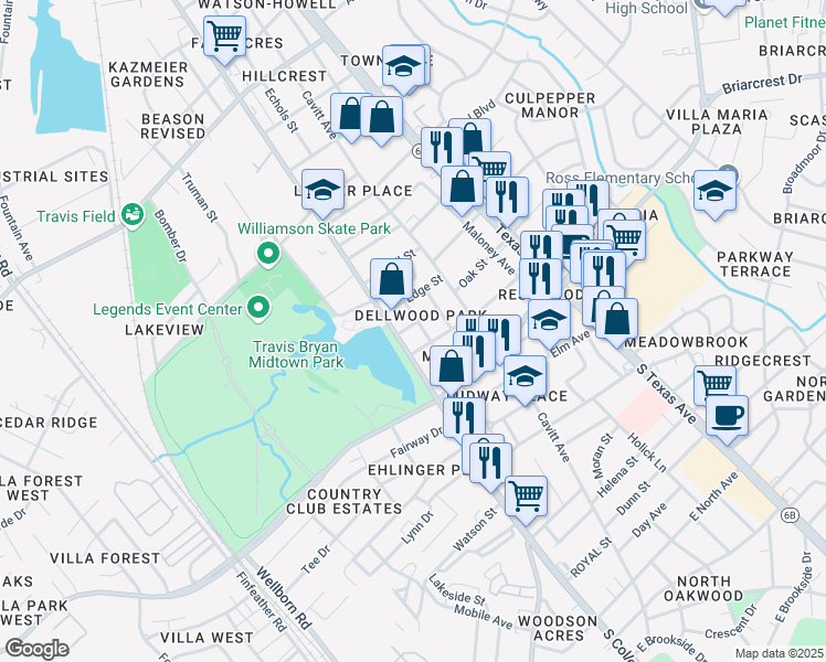 map of restaurants, bars, coffee shops, grocery stores, and more near 105 Davis Street in Bryan