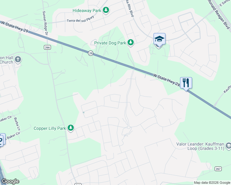 map of restaurants, bars, coffee shops, grocery stores, and more near 160 Red Buckeye Loop in Liberty Hill