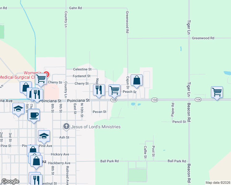 map of restaurants, bars, coffee shops, grocery stores, and more near 1401 Claiborne Street in Mamou