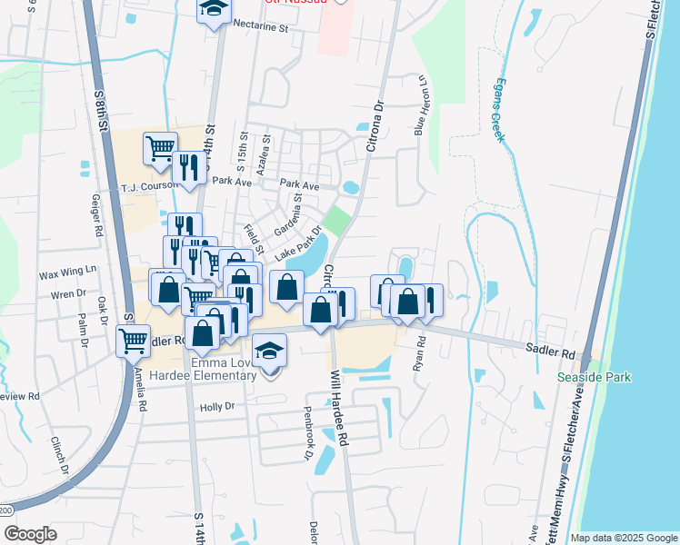 map of restaurants, bars, coffee shops, grocery stores, and more near 2113 Talbot Court in Fernandina Beach