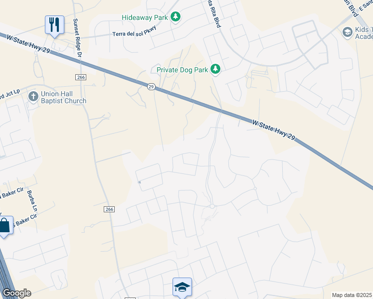 map of restaurants, bars, coffee shops, grocery stores, and more near 184 Red Buckeye Loop in Georgetown